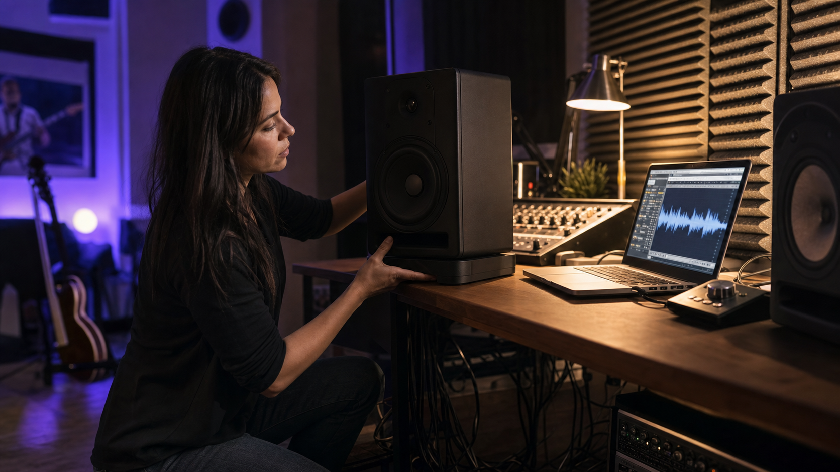 Technicienne ajustant une plateforme antivibratoire sous des enceintes de studio, éclairage ambré et violet