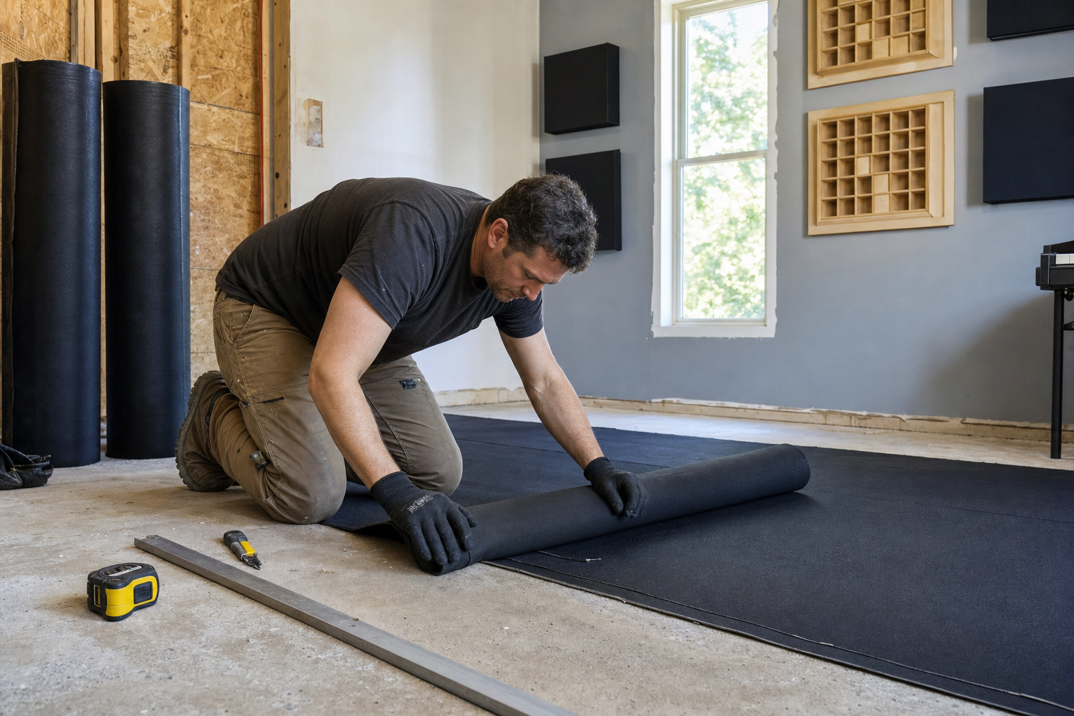 Ouvrier posant une membrane de désolidarisation avant une chape flottante dans une future salle de studio