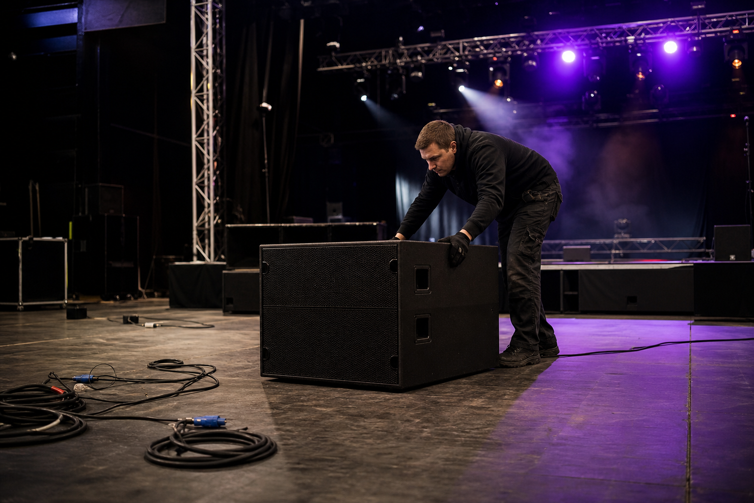 Technicien positionnant un caisson de basses sur une scène de club avant un concert